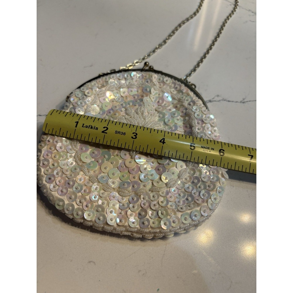 White/Cream Iridescent Cocktail Kiss Lock Gold Chain Formal Purse Prom - Picture 3 of 5